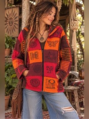 Greater Good Network L/XL Nepal Patchwork Hoodie Boho Hippie Cotton Jacket